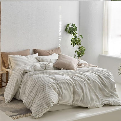 MooMee Striped Duvet Cover Set 100% Washed Cotton Linen Like Textured Breathable Durable Soft Comfy (White Sage Green Wide Stripes, Cal King 104"x98")