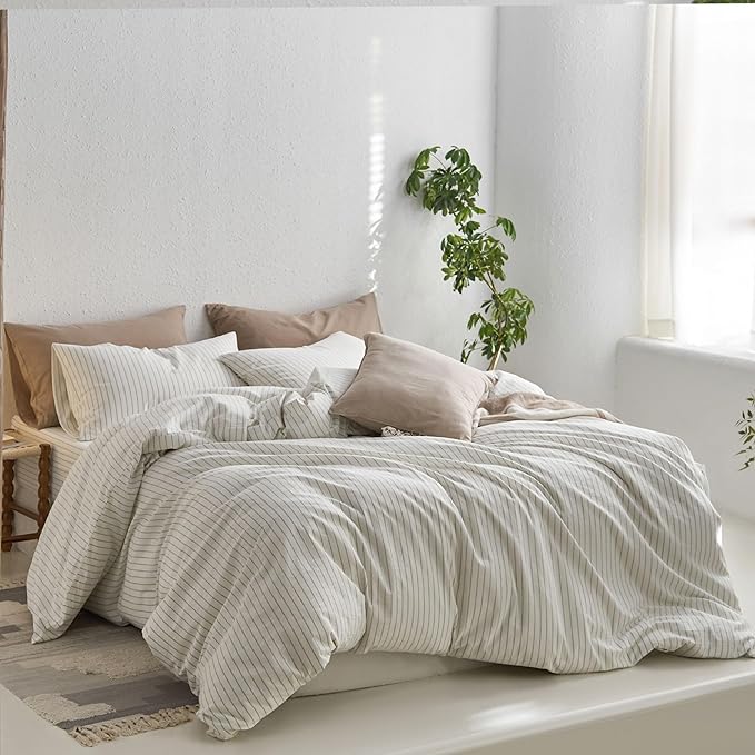 MooMee Striped Duvet Cover Set 100% Washed Cotton Linen Like Textured Breathable Durable Soft Comfy (White Sage Green Wide Stripes, Super King Plus 120"x120")