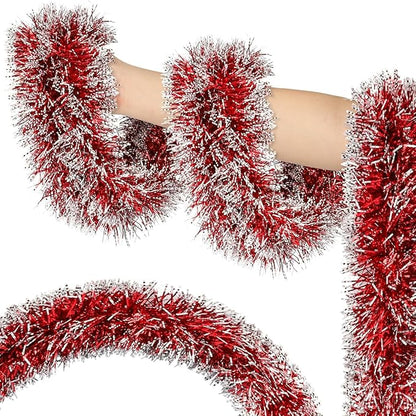 Lush Christmas Tinsel Garland, Red & White Radiant Metallic Twist Streamers for Holiday Decor, Plush & Full Xmas Tree Garland for an Elegant Festive Atmosphere, Indoor & Outdoor Party Supplies