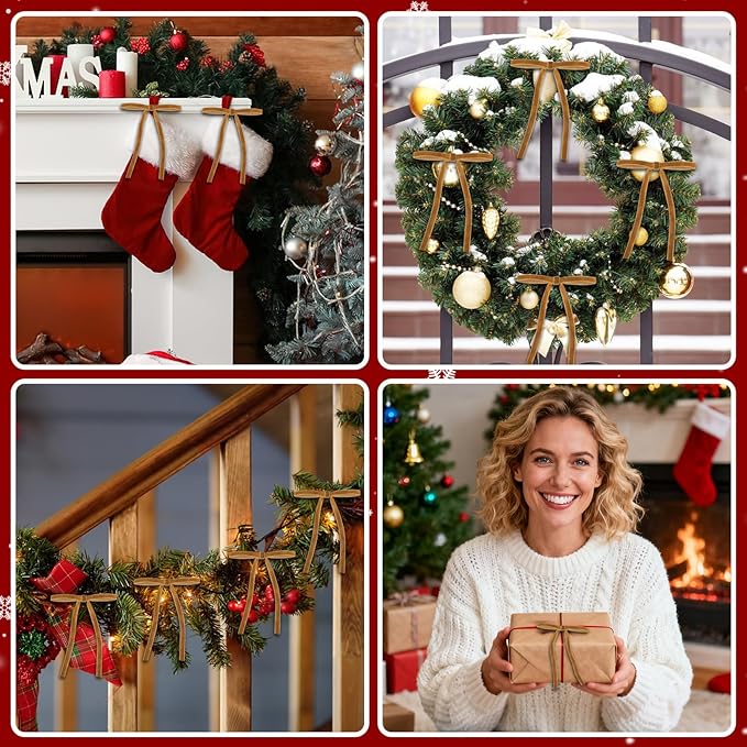 24 Pcs Velvet Bows for Christmas Tree, Elegant Khaki Christmas Tree Bows, 5”x7” Pre-Tied Velvet Ornaments for Wreaths Garland Gifts Holiday Décor, Khaki Ribbon Bows for Xmas(3/8”)