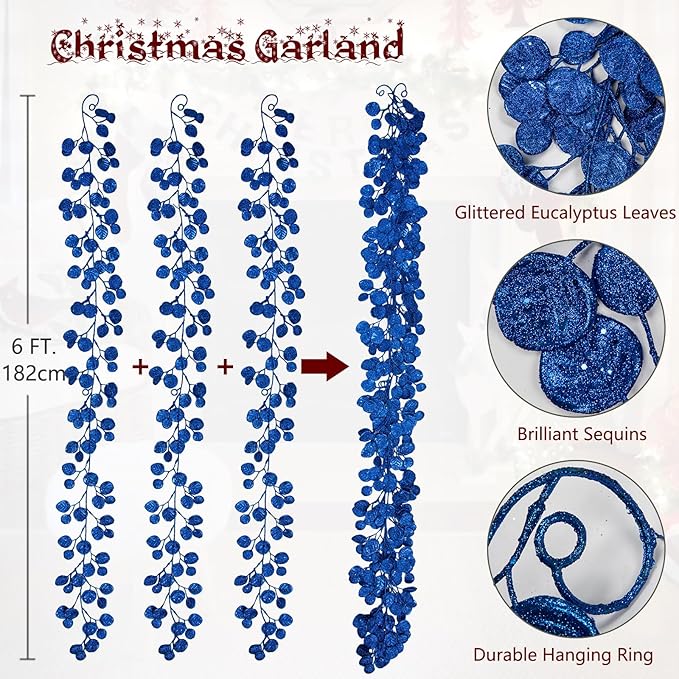 3 Pcs 6FT Christmas Garland Blue Glittered Artificial Eucalyptus Leaves for Mantle Christmas Tree Decorations Hanging Garland Ornaments Garden Table Shelf Door Window Wall Stair Holiday Home Decor