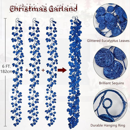 3 Pcs 6FT Christmas Garland Blue Glittered Artificial Eucalyptus Leaves for Mantle Christmas Tree Decorations Hanging Garland Ornaments Garden Table Shelf Door Window Wall Stair Holiday Home Decor