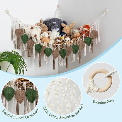 Pretty Jolly Stuffed Animal Storage with Hand Woven Leaf Tassels Hammock Corner Hanging Net Boho Macrame Plush Storage for Kid Room Nursery Decor Wall Display for Girls Gift(Green&Coffee)
