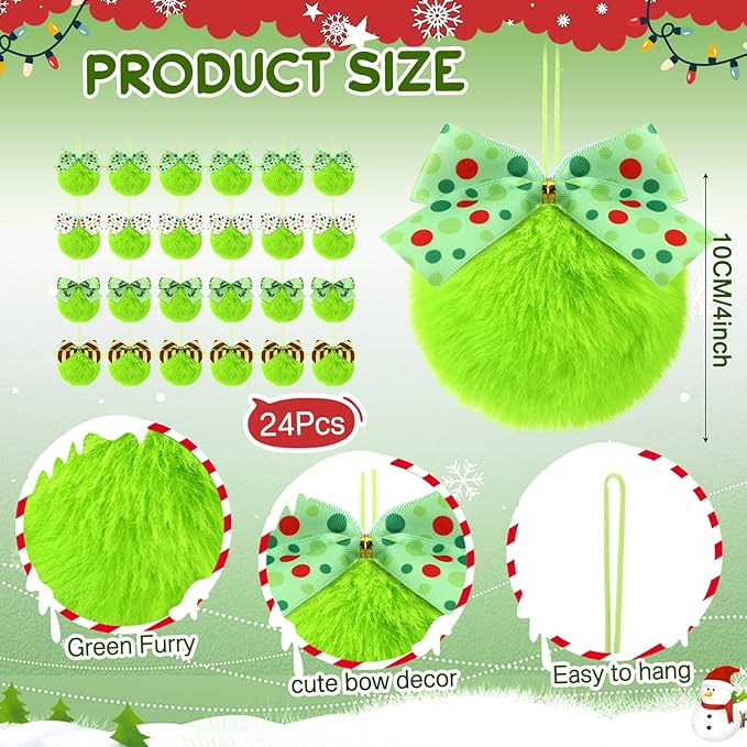 Norme 24-Pack Lime Green Furry Christmas Balls with Bow, 4" Soft Faux Fur Plush Pom Pom Ball Ornaments for Christmas Tree Hanging Decorations Party Fireplace Mantel Wall Decor(Mixed Style)