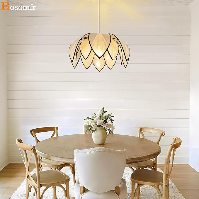 21.6" Boho Petal-Shaped Chandelier Light Fixture, Farmhouse Chandeliers for Dining Room Hand Woven Flower Pendant Light, Coastal Hanging Pendant Light for Kitchen Island Bedroom Living Room