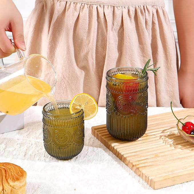 Grey Drinking Glasses Set of 12, 14 Oz Highball & 10 Oz Cocktail Glasses, Grey Kitchen Vintage Glassware Set, Floral Embossed Glass Tumbler Cups for Juice, Water, Beer, Whiskey, Coffee