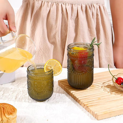 Grey Drinking Glasses Set of 12, 14 Oz Highball & 10 Oz Cocktail Glasses, Grey Kitchen Vintage Glassware Set, Floral Embossed Glass Tumbler Cups for Juice, Water, Beer, Whiskey, Coffee