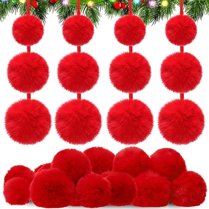 24 Pcs Red Furry Christmas Ball Ornaments for Tree 2.36/3.15/3.94 Inches Pom Pom Ball Christmas Hanging Decoration for Party Supplies Fireplace Mantel Wall Decor