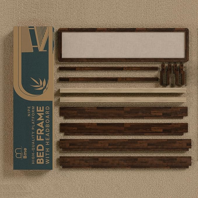 Bme Nipe 14 Inch Deluxe Bed Frame with Adjustable Headboard - Rustic & Bohemian Unique Style with Acacia Wood - No Box Spring Needed - 12 Strong Wood Slat Support - Easy Assembly - Twin, Walnut