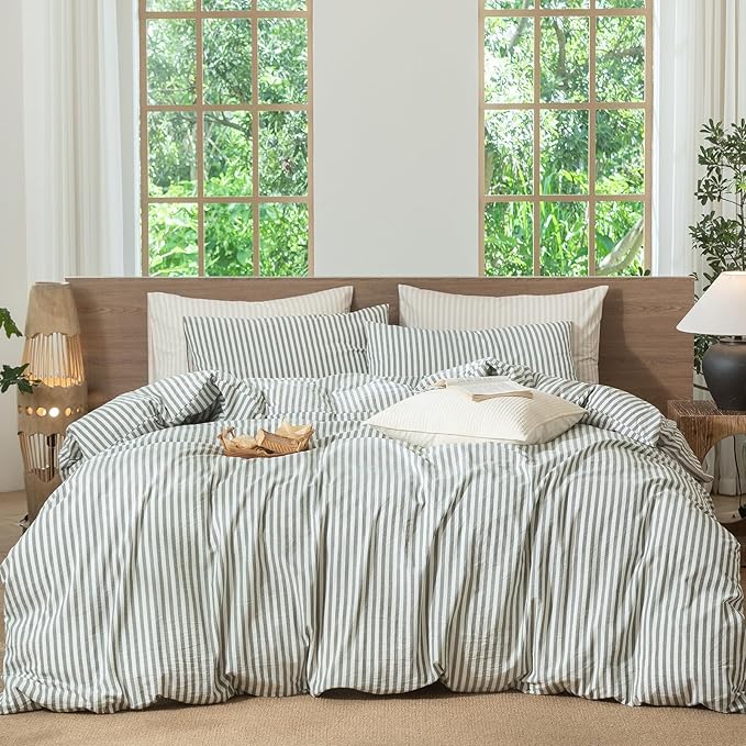MooMee Striped Duvet Cover Set 100% Washed Cotton Linen Like Textured Breathable Durable Soft Comfy (Heathered Green Classic Stripes, Super King Plus 120"x120")