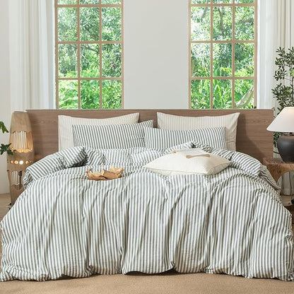 MooMee Striped Duvet Cover Set 100% Washed Cotton Linen Like Textured Breathable Durable Soft Comfy (Heathered Green Classic Stripes, Super Queen 90"x98")
