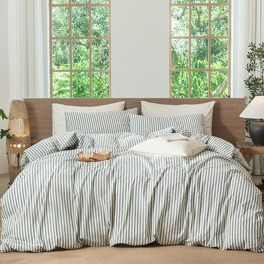 MooMee Striped Duvet Cover Set 100% Washed Cotton Linen Like Textured Breathable Durable Soft Comfy (Heathered Green Classic Stripes, Super Queen 90"x98")