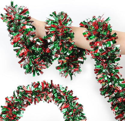 50 Feet Red Green Silver Christmas Tinsel Garland - Metallic Twist Shiny for Tree Decorations, Xmas Hanging Decor for Home Mantle Indoor Outdoor Holiday Party