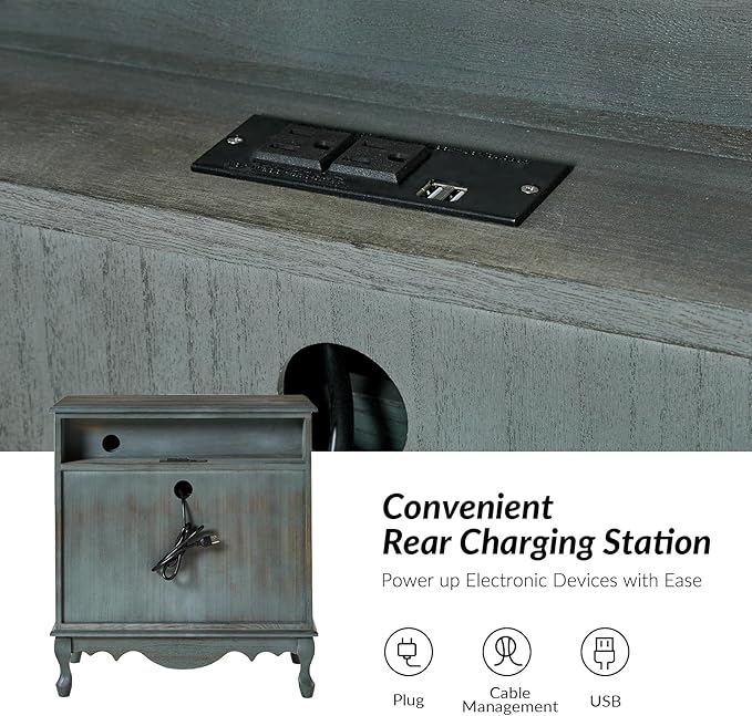 HULALA HOME 3 Drawer Nightstand with Charging Station Drawer Organizer with Wood Legs Farmhouse Solid Wood, Blue