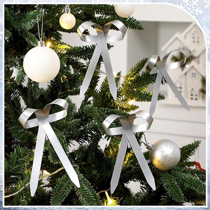 12 Pcs 2025 Metal Christmas Bow Ornaments for Christmas Tree Garland Wreath Bulk Bow with Clip Ornament Vintage Indoor Outdoor Home Xmas Party Decorations, 4 x 5 Inches (Silver)