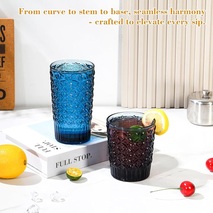 Blue Drinking Glasses Set of 12, 14 Oz Highball & 10 Oz Cocktail Glasses, Blue Kitchen Vintage Glassware Set, Floral Embossed Glass Tumbler Cups for Juice, Beer, Water, Whiskey, Coffee