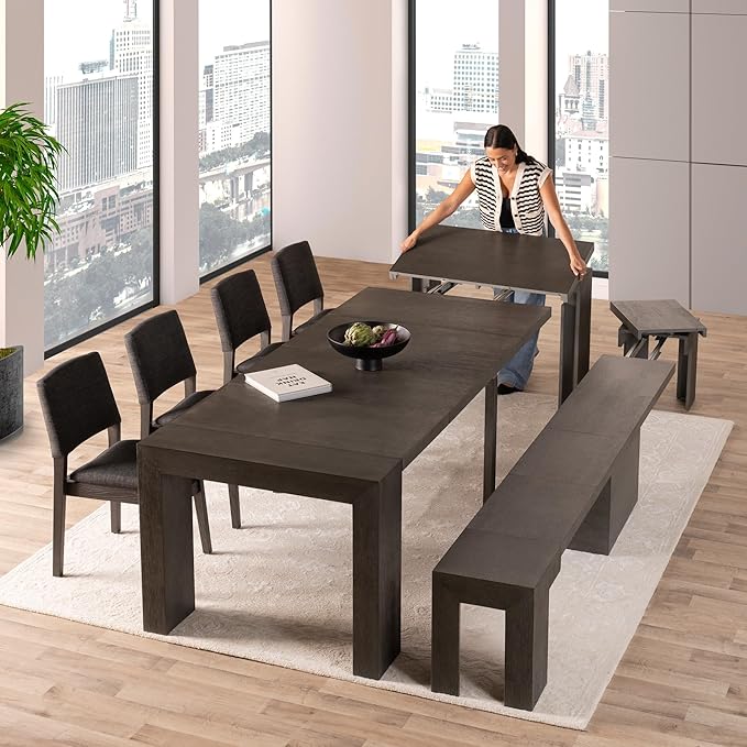 Transformer Expandable Dining Table Set – Solid Wood Table for 2 to 12 with Bench & 4 Stackable Chairs, Space-Saving Adjustable Dining Room Furniture (Dark Grey, Table + Bench + 4 Chairs)