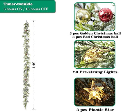 6 FT Artificial Christmas Garland, Faux Spruce Evergreen Garland with 20 LED Lights, Red Gold Ball Ornaments and Stars, Lighted with Timer, Perfect for Christmas Indoor Outdoor Decoration