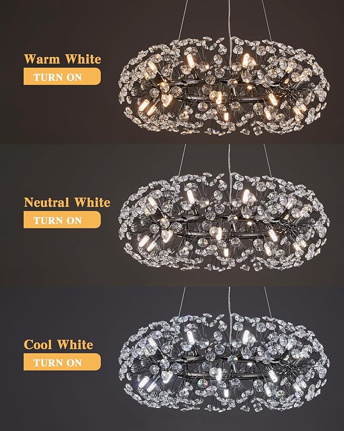 Modern Firework Chandelier, Farmhouse Black Crystal Round Dandelion Sputnik Chandeliers, 31.5" Contemporary 20-Light Pendant Hanging Lighting for Dining Room Kitchen Bedroom Living Room