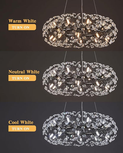 Modern Firework Chandelier, Farmhouse Black Crystal Round Dandelion Sputnik Chandeliers, 31.5" Contemporary 20-Light Pendant Hanging Lighting for Dining Room Kitchen Bedroom Living Room