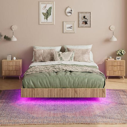 Evermagin Natural Full Floating Bed Frame with led Lights, Bohemia Fluted Floating Platform Bed No Headboard, Heavy Duty Metal Float Bedframe, No Box Spring Needed