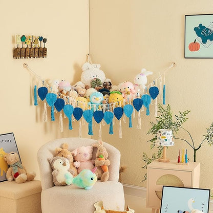 Pretty Jolly Stuffed Animal Storage with Hand Woven Leaf Tassels Hammock Corner Hanging Net Boho Macrame Storage for Kid Room Nursery Decor Wall Display for Girls Gift(Dark Blue&Lake Blue)