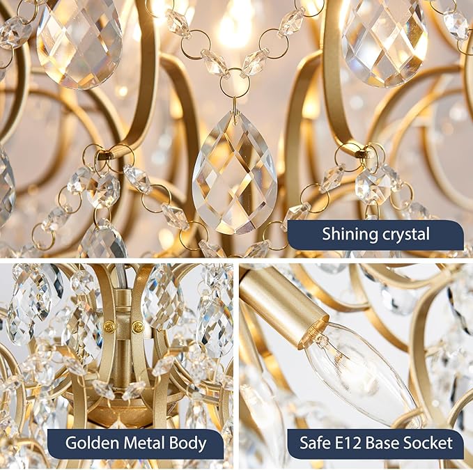Bestier Modern Gold Pendant Chandelier Crystal Raindrop Lighting Ceiling Light Fixture Lamp for Dining Room Bathroom Bedroom Livingroom entryway 3 E12 Bulbs Required D16 in x H18 in