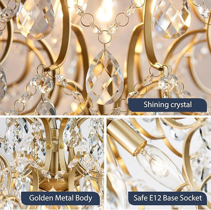 Bestier Modern Gold Pendant Chandelier Crystal Raindrop Lighting Ceiling Light Fixture Lamp for Dining Room Bathroom Bedroom Livingroom entryway 3 E12 Bulbs Required D16 in x H18 in