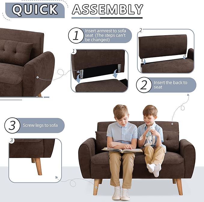 Shintenchi Loveseat Sofa Couch Mid Century Fabric Upholstered 2 Seater with Pillows, Brown