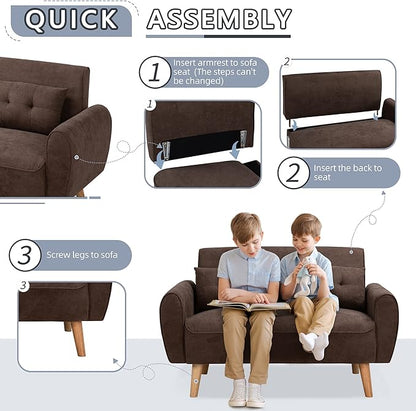 Shintenchi Loveseat Sofa Couch Mid Century Fabric Upholstered 2 Seater with Pillows, Brown