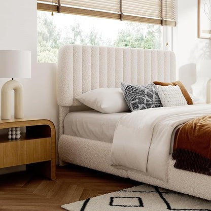 Queen Size Boucle Bed Frame, Upholstered Cloud Platform Bed Frame with Adjustable Headboard, Vertical Tufted, Soft Rounded Corners, No Box Spring Needed, Noise Free Design, Easy Assembly, Beige