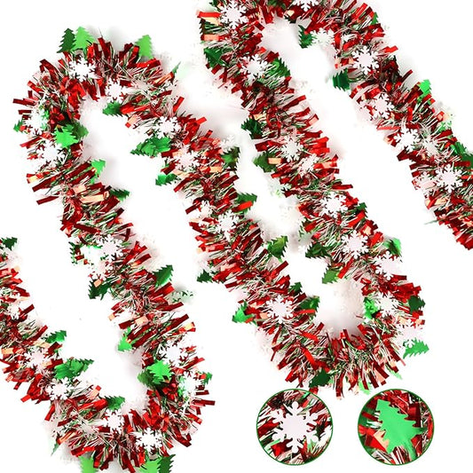 LOAVER 33 FT Christmas Tinsel Garland with Snowflake Christmas Tree,Green Red Metallic Tinsel Twist Garland Shiny Hanging Decoration for Xmas Tree Party Supplies Stair Railing Indoor Outdoor Decor