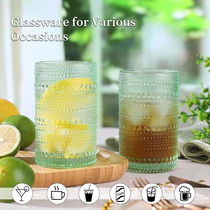 Green Hobnail Glasses Drinking Set of 4, 12 oz Cocktail Glasses, Green Vintage Glassware for Beer, Cocktail, Soda, Juice, Coffee and Various Mixed Drinks
