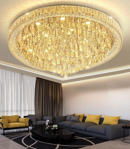 Modern Crystal Chandeliers LED Dimmable Flush Mount Ceiling Chandeliers for Living Room High Ceiling Entrance Foyer Lobby Bedroom Gold