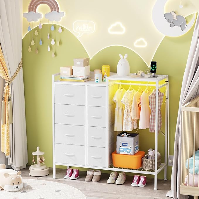Hanging Rack 8 Drawer Dresser Charging Station & LED Lights, White Kids Chest of Fabric Drawers, White