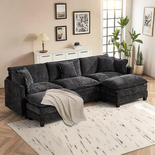 SoarFlash 107.4" Chenille Sectional Sofa, Comfy U Shaped Modular Coush Sofa with Ottoman, Modern 4 Seat Couch Deep Seat Sofa Set for Living Room,Black
