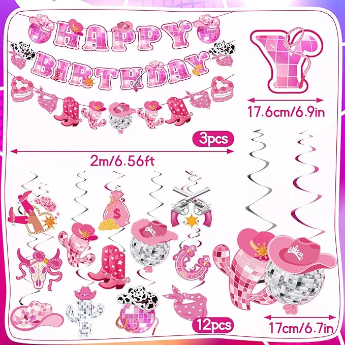 Disco Cowgirl Birthday Party Decorations, Pre-strung Happy Birthday Banners and 12 Hanging Swirls, Western Disco Theme Party Supplies for Girls, Teens, or Adults