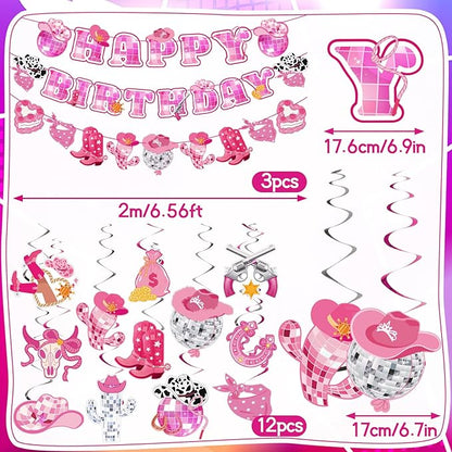 Disco Cowgirl Birthday Party Decorations, Pre-strung Happy Birthday Banners and 12 Hanging Swirls, Western Disco Theme Party Supplies for Girls, Teens, or Adults