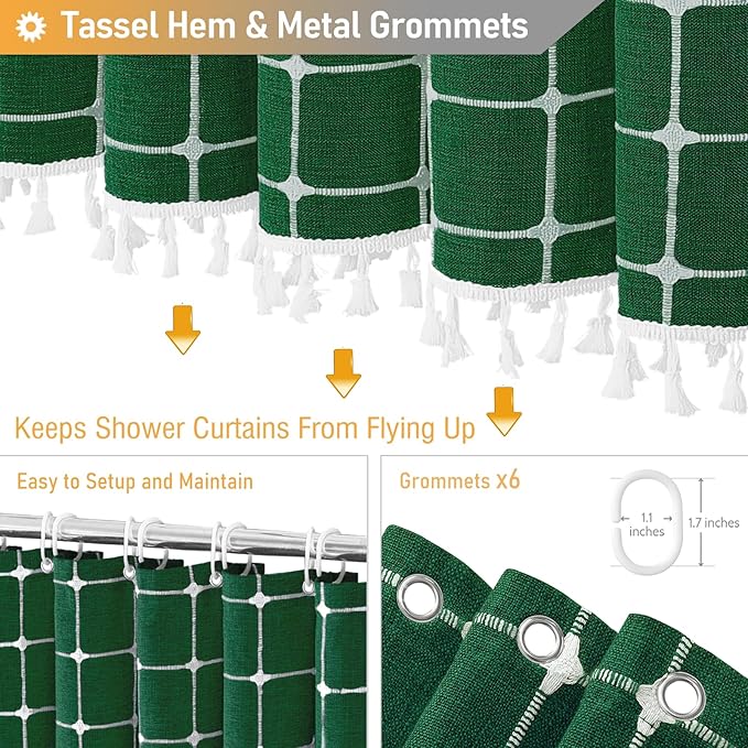 BTTN Boho Shower Stall Curtain - 36x72 Narrow Linen Ultra Thick Tassel Fabric Shower Curtain Set with 6 Plastic Hooks, Half Small Modern Farmhouse Country Shower Curtains for Bathroom, Emerald Green