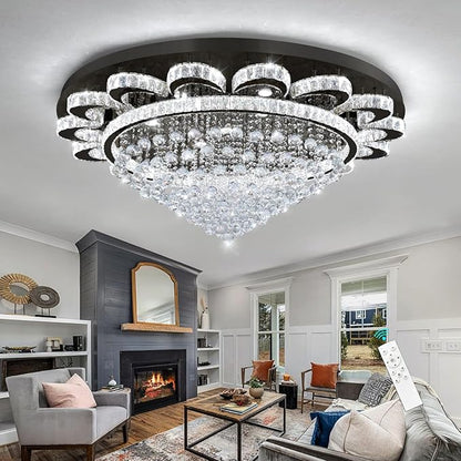 Modern Chandelier Living Room Light Large Luxury Chandeliers for High Ceiling Foyer Entryway Lights Dimmable 110W LEDs Crystal Black Lighting Fixtures