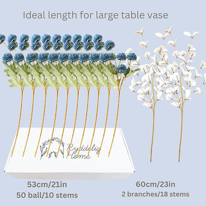 Faux Dusty Blue Flowers, Blue and White Floral Stems for Centerpieces, Fake Mums Artificial Flowers, Flores Azules Artificiales para Decoracion, Long Stems for Vases, DIY Silk Floral Arrangements