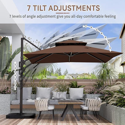 10' X 10' Cantilever Patio Umbrella Outdoor Heavy Duty Double Top Windproof Square Offset Umbrellas with 360-degree Rotation for Pool Deck Backyard, Brown