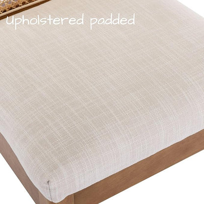 Farmhouse Rattan Dining Chairs Set of 2 Natural Wood Dining Room Chairs Rectangle Cane Country Kitchen Chairs Upholstered Dining Chair for Dining Room, Cream Linen