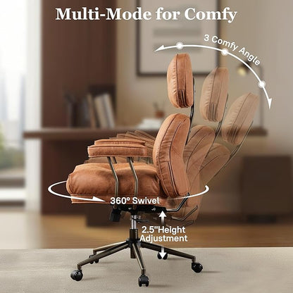 Mid Century Modren Big and Tall Office Chair,Large Ergonomic Executive Chair for Heavy Duty People, Desk Task Chair with Wheels, Faux Lether Fabric Wide Chair for Home Sturdy,Brown(Suede)