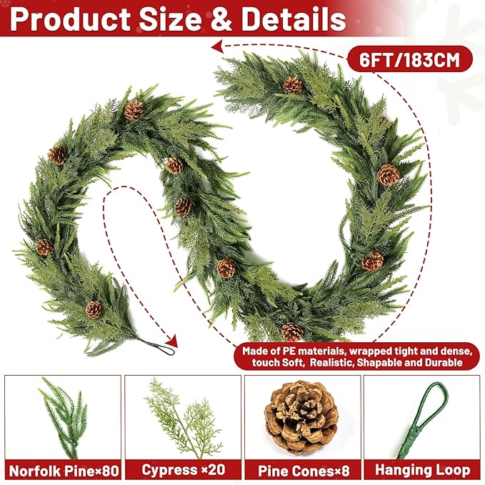 Extra Thick&Lush-6 Ft by 10 Inch Real Touch Norfolk Pine Garland,Christmas Garland Artificial Realistic Soft Thickness Greenery Pine Cypress Pinecones Garlands for Mantle Fireplace Home Indoor Outdoor