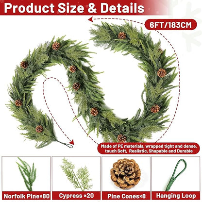 Extra Thick&Lush-6 Ft by 10 Inch Real Touch Norfolk Pine Garland,Christmas Garland Artificial Realistic Soft Thickness Greenery Pine Cypress Pinecones Garlands for Mantle Fireplace Home Indoor Outdoor