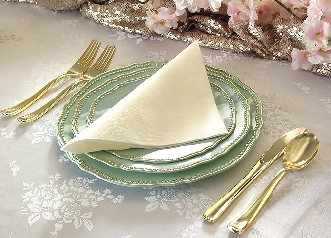 " OCCASIONS " 50 Plates Pack (25 Guests)-Heavyweight Wedding Party Disposable Plastic Plate Set -25 x 10.25'' Dinner + 25 x 7.5'' Salad/dessert plates (Rochelle Seafoam/Mint and Gold))