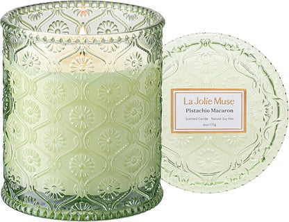 LA JOLIE MUSE Pistachio Macaron Scented Candle –Pistachio, Milk & Vanilla | 6 oz Fall Candle | Natural Soy Wax | 40 Hours Clean Burn | Gift for Dessert Lovers | Seasonal Home Décor