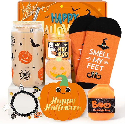 Halloween Pumpkin Boo Basket Stuffers for Adults Women, Halloween Glass with Lid and Straw, Pumpkin Mug Cute Halloweens Gifts for Women Her Sister Friend