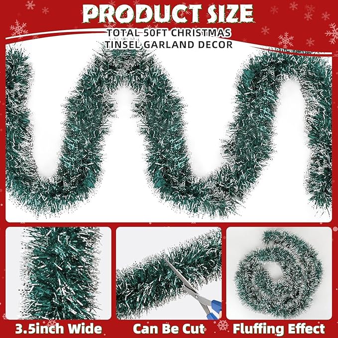 Lush Christmas Tinsel Garland, Dark Green & White Radiant Metallic Twist Streamers for Holiday Decor, Plush & Full Xmas Tree Garland for an Elegant Festive Atmosphere, Indoor & Outdoor Party Supplies